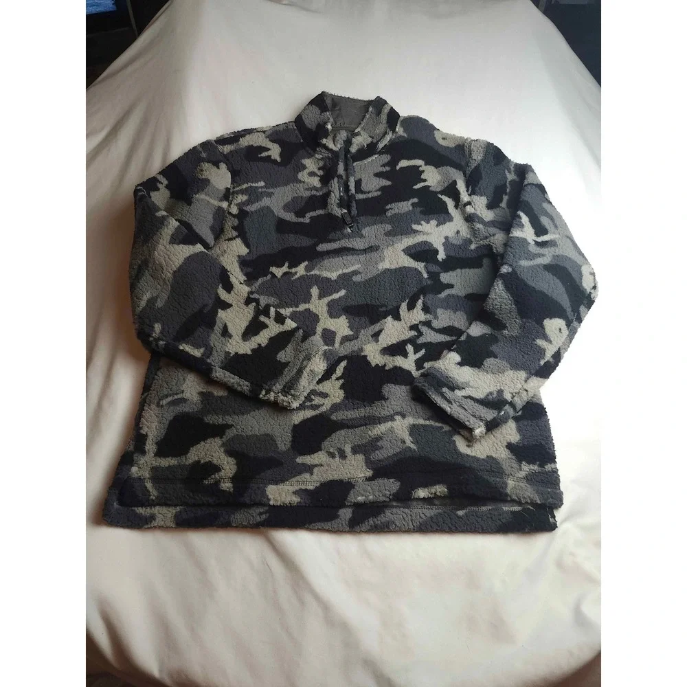 Wrangler Mens Grey Black Camo Sherpa Fleece Quarter Zip Pullover Large